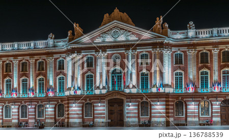 The Capitole de Toulouse night timelapse hyperlapse showcases the historic city hall. France 136788539