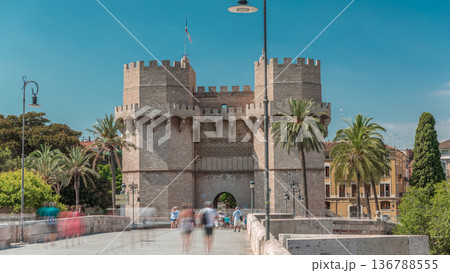 Serrans Towers or Torres de Serranos timelapse hyperlapse in Valencia, Spain. 136788555