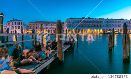 View to Rialto Market day to night timelapse after sunset, Venice, Italy viewed from pier across the Grand Canal 136788578