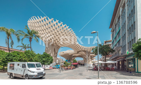 Metropol Parasol in Encarnacion Square timelapse hyperlapse, modern wooden structure, Seville Metropol Parasol in Encarnacion Square timelapse hyperlapse, modern wooden structure, Seville 136788596