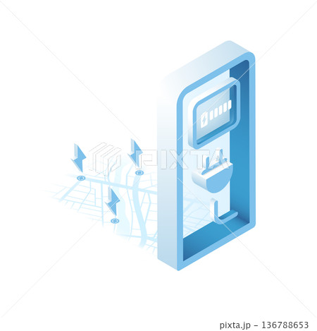 EV charging station, location mark on gps navigation map a lot with fast supercharger station. Path turns and destination tag or mark. Vector isometric EV charging station, location mark on gps navigation map a lot with fast supercharger station. Path turns and destination tag or mark. Vector isometric 136788653