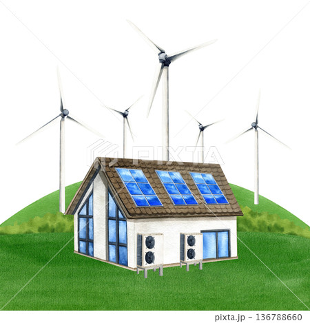 Modern house with solar panels on roof, Inverter heat pump stands on green semicircular field with wind turbine. Watercolor ecology isolated landscape. PV battery, windmill. Save the planet concept Modern house with solar panels on roof, Inverter heat pump stands on green semicircular field with wind turbine. Watercolor ecology isolated landscape. PV battery, windmill. Save the planet concept 136788660