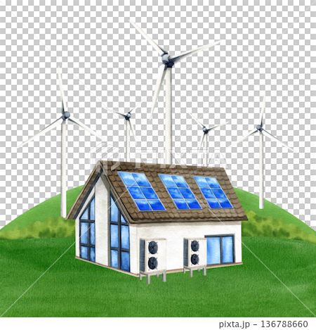 Modern house with solar panels on roof, Inverter heat pump stands on green semicircular field with wind turbine. Watercolor ecology isolated landscape. PV battery, windmill. Save the planet concept Modern house with solar panels on roof, Inverter heat pump stands on green semicircular field with wind turbine. Watercolor ecology isolated landscape. PV battery, windmill. Save the planet concept 136788660