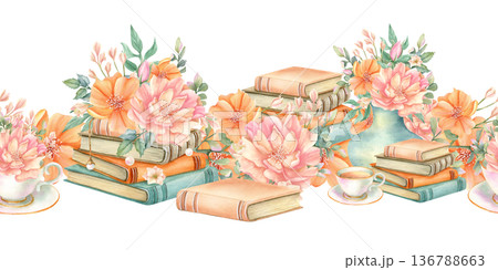 Vintage seamless border with flowers, stack of books. Cozy spring summer floral still life with peony, freesia, leaves, old literature. Watercolor hand drawn isolated illustration, library art Vintage seamless border with flowers, stack of books. Cozy spring summer floral still life with peony, freesia, leaves, old literature. Watercolor hand drawn isolated illustration, library art 136788663