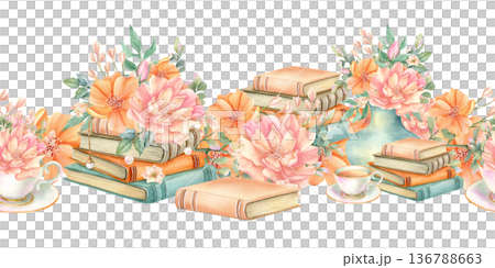 Vintage seamless border with flowers, stack of books. Cozy spring summer floral still life with peony, freesia, leaves, old literature. Watercolor hand drawn isolated illustration, library art 136788663