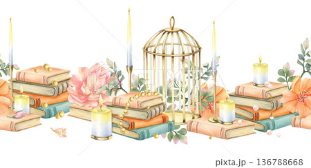 Vintage floral seamless border with old stack of book, candle, gold birdcage and flowers. Aesthetic elegant retro watercolor illustration isolated from background. Cozy still life for your design Vintage floral seamless border with old stack of book, candle, gold birdcage and flowers. Aesthetic elegant retro watercolor illustration isolated from background. Cozy still life for your design 136788668