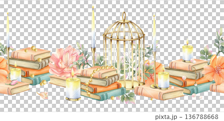 Vintage floral seamless border with old stack of book, candle, gold birdcage and flowers. Aesthetic elegant retro watercolor illustration isolated from background. Cozy still life for your design Vintage floral seamless border with old stack of book, candle, gold birdcage and flowers. Aesthetic elegant retro watercolor illustration isolated from background. Cozy still life for your design 136788668