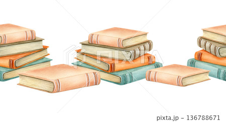 Stack of books an old cover, yellowed pages seamless border. Set of literature, pile of textbook for education. Encyclopaedia bestseller. Watercolor illustration in vintage style for your design Stack of books an old cover, yellowed pages seamless border. Set of literature, pile of textbook for education. Encyclopaedia bestseller. Watercolor illustration in vintage style for your design 136788671