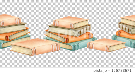 Stack of books an old cover, yellowed pages seamless border. Set of literature, pile of textbook for education. Encyclopaedia bestseller. Watercolor illustration in vintage style for your design Stack of books an old cover, yellowed pages seamless border. Set of literature, pile of textbook for education. Encyclopaedia bestseller. Watercolor illustration in vintage style for your design 136788671