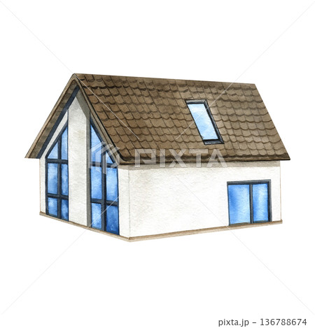 Modern white country house with tiled roof, attic window, mansard and large glass windows. Watercolor illustration Isolated on white. Family cottage with classic architecture. Real estate concept 136788674