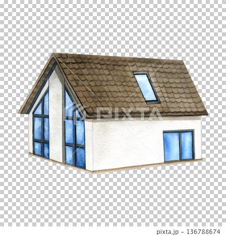 Modern white country house with tiled roof, attic window, mansard and large glass windows. Watercolor illustration Isolated on white. Family cottage with classic architecture. Real estate concept 136788674