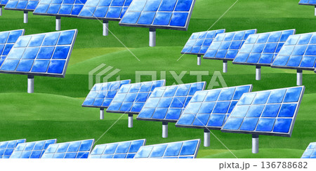 Solar panel, PV battery on field landscape seamless pattern, banner. Alternative generator energy. Renewable green energetic resources. Watercolor illustration for web sites design, save the planet Solar panel, PV battery on field landscape seamless pattern, banner. Alternative generator energy. Renewable green energetic resources. Watercolor illustration for web sites design, save the planet 136788682