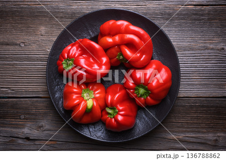 Red bell peppers arranged in black plate Red bell peppers arranged in black plate 136788862