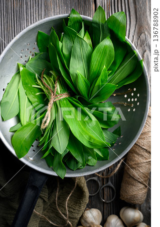 Wild garlic leaves arranged in metal colander Wild garlic leaves arranged in metal colander 136788902