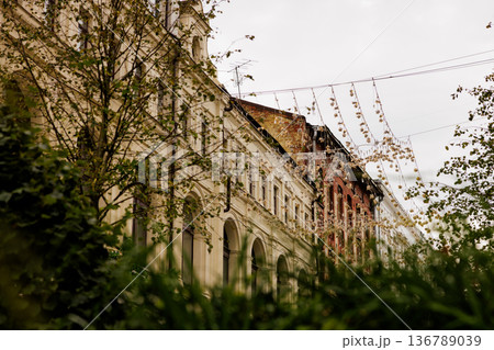 Charming architecture along a historic street adorned with seasonal decorations in the evening light Charming architecture along a historic street adorned with seasonal decorations in the evening light 136789039