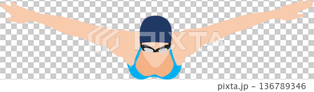 描繪一位女性正在進行蝶泳的插圖 136789346