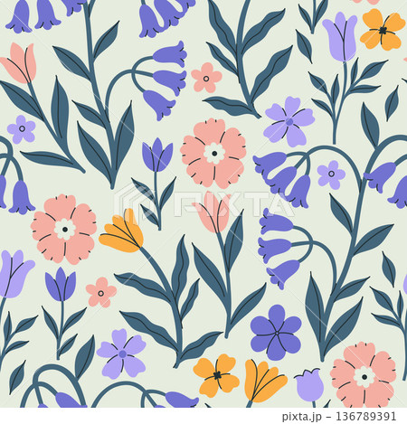 Seamless pattern with purple, pink, and yellow flowers. Vector graphics. 136789391