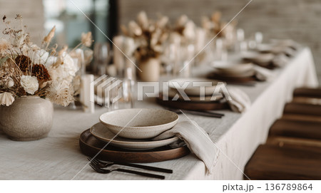Minimalist rustic table setting with ceramic dinnerware and dried floral decor 136789864