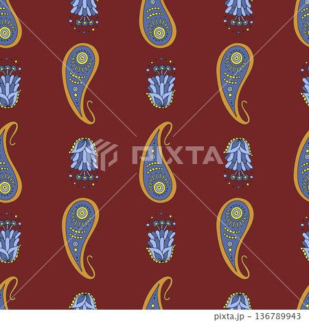 Seamless pattern with blue Paisley motifs Seamless pattern with blue Paisley motifs 136789943
