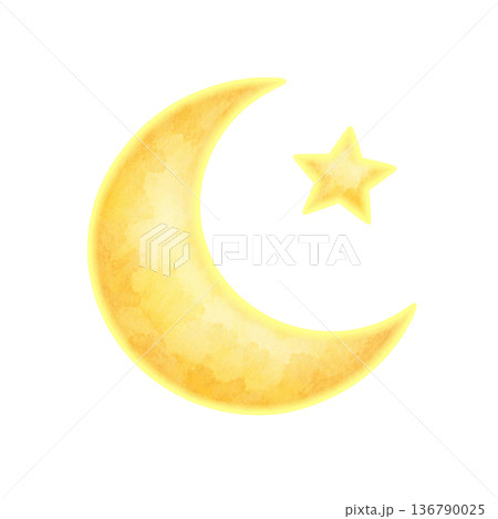 三日月と星の水彩イラスト素材｜やさしく輝く夜空モチーフのシンプル装飾 136790025