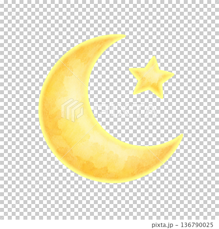 三日月と星の水彩イラスト素材｜やさしく輝く夜空モチーフのシンプル装飾 136790025