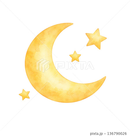 三日月と星の水彩イラスト素材|やさしく輝く夜空モチーフのシンプル装飾 三日月と星の水彩イラスト素材|やさしく輝く夜空モチーフのシンプル装飾 136790026