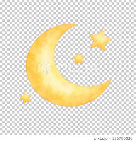 三日月と星の水彩イラスト素材|やさしく輝く夜空モチーフのシンプル装飾 三日月と星の水彩イラスト素材|やさしく輝く夜空モチーフのシンプル装飾 136790026