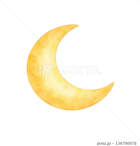 黄色い三日月の水彩イラスト素材｜やさしく輝く月のシンプルモチーフ 136790078