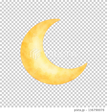 黄色い三日月の水彩イラスト素材｜やさしく輝く月のシンプルモチーフ 136790078