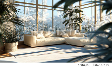 Cozy Living Room with Winter Garden View 136790379