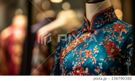 Vivid blue qipao dress with bold red floral embroidery. 136790380