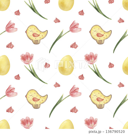 Watercolor Easter seamless pattern. Hand-drawn spring botanical illustration with yellow eggs, pink tulips, cute birds, sweets. Floral background for wallpaper, textile, wrapping paper, cards Watercolor Easter seamless pattern. Hand-drawn spring botanical illustration with yellow eggs, pink tulips, cute birds, sweets. Floral background for wallpaper, textile, wrapping paper, cards 136790520