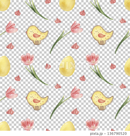 Watercolor Easter seamless pattern. Hand-drawn spring botanical illustration with yellow eggs, pink tulips, cute birds, sweets. Floral background for wallpaper, textile, wrapping paper, cards Watercolor Easter seamless pattern. Hand-drawn spring botanical illustration with yellow eggs, pink tulips, cute birds, sweets. Floral background for wallpaper, textile, wrapping paper, cards 136790520