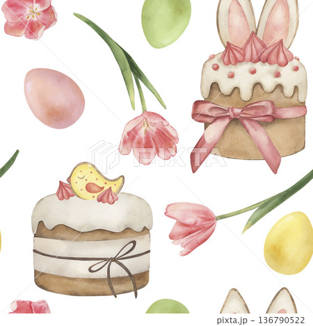 Watercolor Easter cake seamless pattern. Hand-drawn botanical spring illustration with bunny ears, kulich, tulips, eggs. Floral background for holiday textile, wallpaper, wrapping paper, decor, cards 136790522