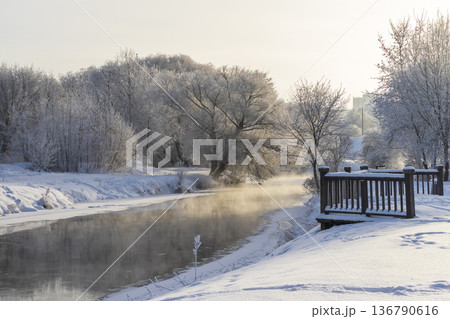 A winter scene with trees by the river covered in hoarfrost under a clear blue sky 136790616