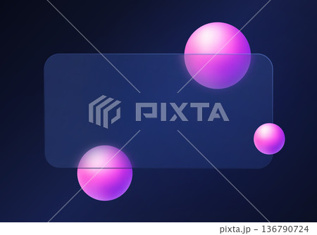 Modern dark abstract background with translucent rounded panel and vibrant pink gradient spheres. 136790724