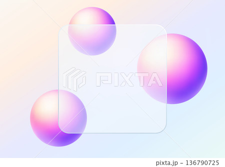 Glassmorphism style background with gradient spheres and square transparent frame. Glassmorphism style background with gradient spheres and square transparent frame. 136790725