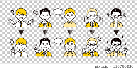 Vector illustration icon material set of multiple businessmen's troubled and resolved expressions and poses 136790830