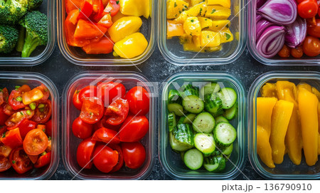 Fresh Meal Prep Containers with Colorful Vegetables and Greens 136790910