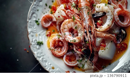 Mediterranean Seafood Salad with Herbs 136790911