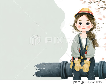 パイプライン設備で安全確認を行う女性作業員|春のエネルギーインフラ点検イラスト パイプライン設備で安全確認を行う女性作業員|春のエネルギーインフラ点検イラスト 136790980