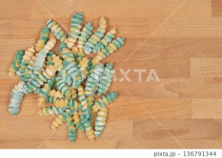 Handmade Striped Pasta on Wood Surface Handmade Striped Pasta on Wood Surface 136791344