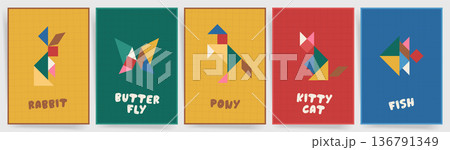 Colorful Tangram Animal Nursery Poster Set. Tangram Backgrounds with rabbit butterfly pony cat and fish, geometric kids wall art prints, modern educational puzzle decor vector 136791349