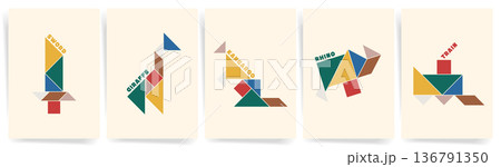 Decorative Tangram Art Posters For Boys Room. Minimal tangram puzzle posters set with giraffe kangaroo rhino sword and train, geometric kids learning wall art, modern nursery playroom decor vector.  136791350