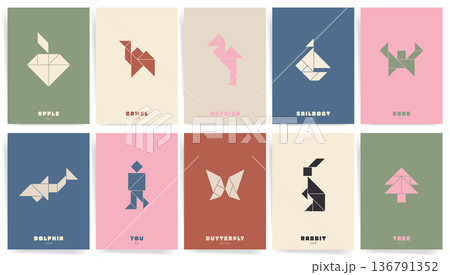 Pastel Tangram Geometric Posters. Modern Geometric Backgrounds for Decor. Apple camel ostrich sailboat crab dolphin butterfly rabbit tree. Minimal Japanese typography kids wall art prints vector Pastel Tangram Geometric Posters. Modern Geometric Backgrounds for Decor. Apple camel ostrich sailboat crab dolphin butterfly rabbit tree. Minimal Japanese typography kids wall art prints vector 136791352