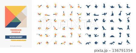 Tangram Puzzle Worksheet, Printable Kids Learning Pack with 36 Puzzles and Solutions, Colorful Geometric Shapes Vector Template for Classroom and Home Activities 136791354