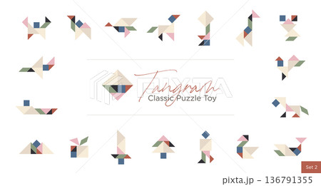 Tangram Classic Puzzle Toy Set, Minimal Geometric Animal Shapes Collection, Pastel Vector Illustration Templates for Kids Learning and Brain Training 136791355