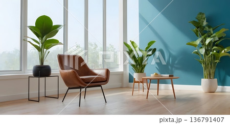 Contemporary Interior with Blue Accent Wall and Leather Chair Contemporary Interior with Blue Accent Wall and Leather Chair 136791407
