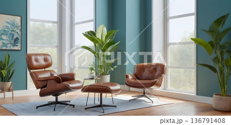 Contemporary Interior with Blue Accent Wall and Leather Chair Contemporary Interior with Blue Accent Wall and Leather Chair 136791408