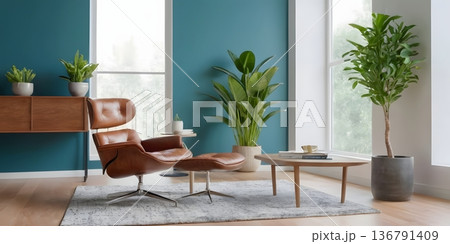 Contemporary Interior with Blue Accent Wall and Leather Chair Contemporary Interior with Blue Accent Wall and Leather Chair 136791409